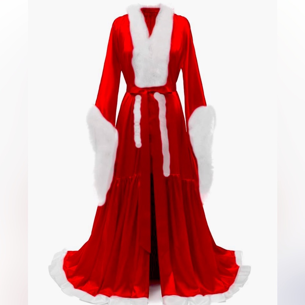 Womens Old Hollywood Red Satin Long Robe w/White Feather Boa Trim Christmas SML